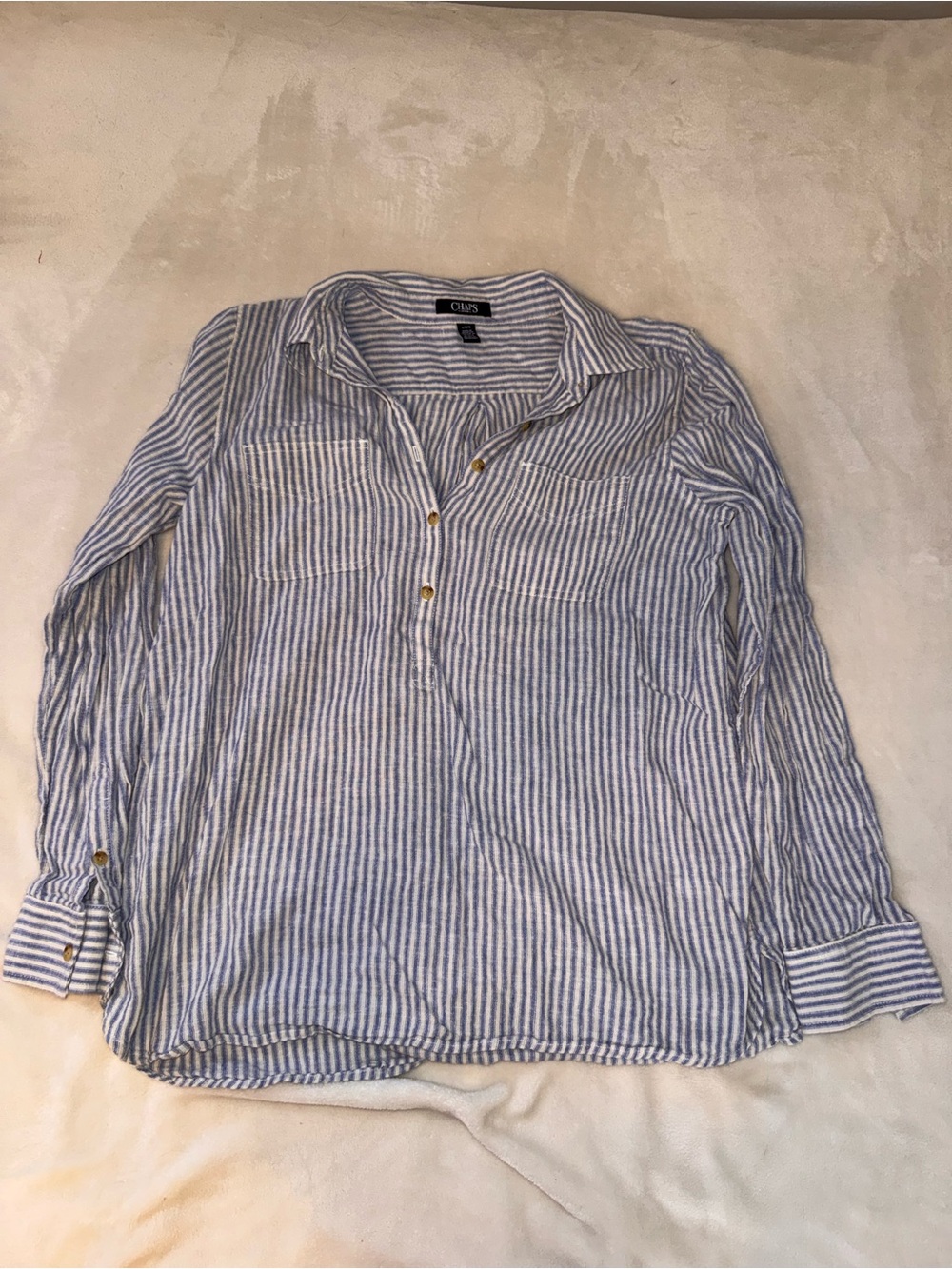 Chaps Blue and White Striped Top 55% Linen 45% Cotton Size Large